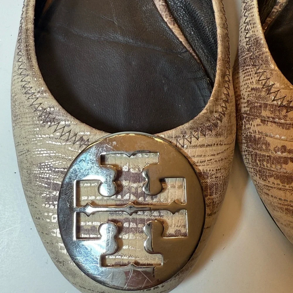 Tory Burch Snakeskin Brown Ivory Beige Leather Ballet Flats Shoes 8